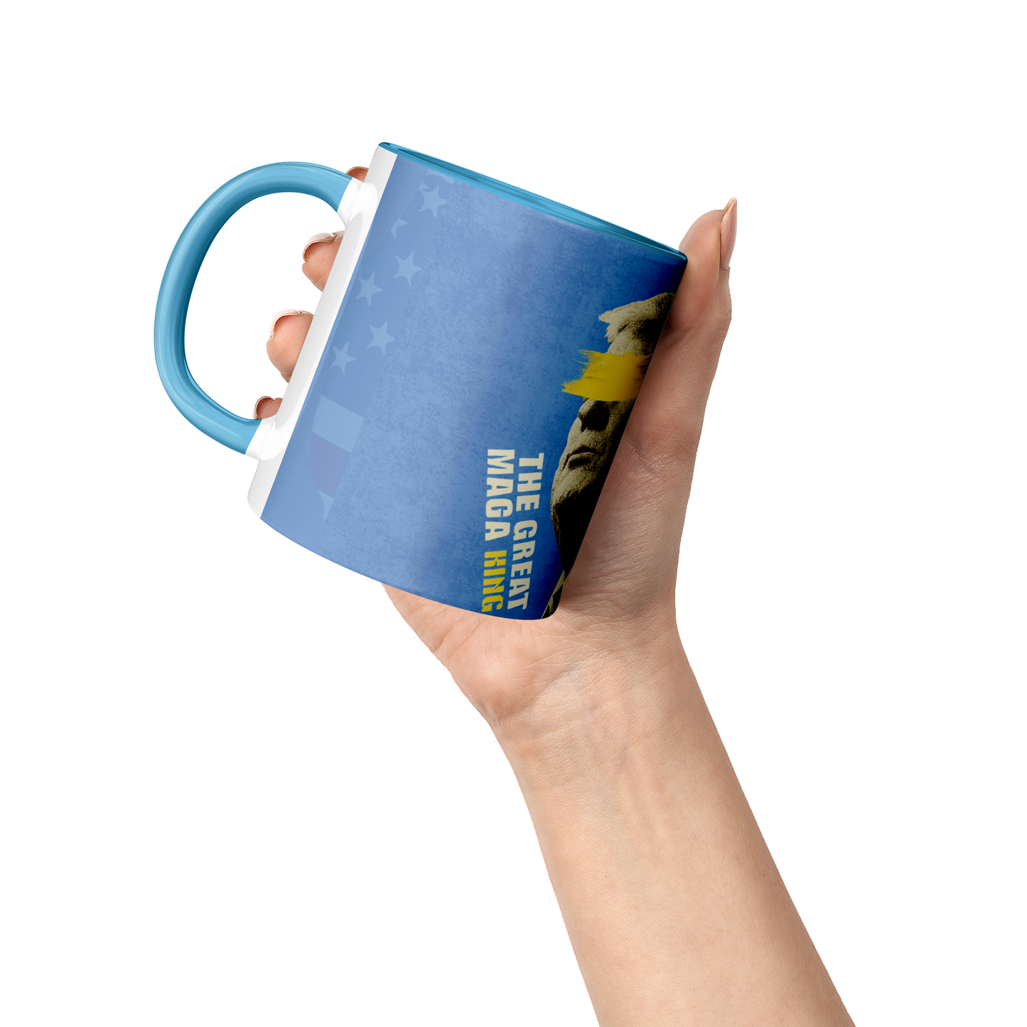 MAGA_KING_11oz_Blue_Accent_Mug_Lifestyle_Raised_Hand_LH_Mockup.png